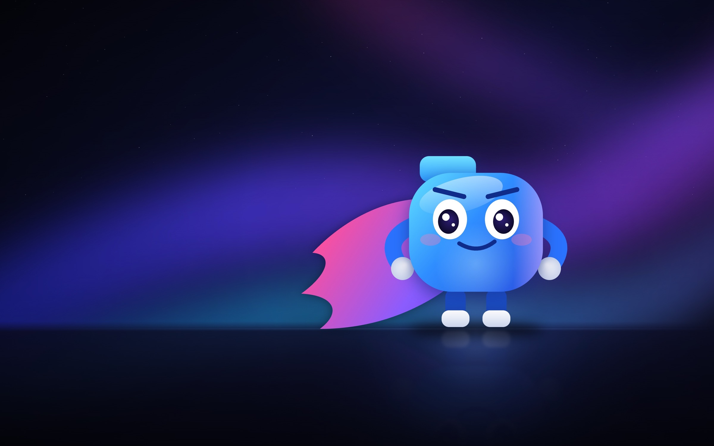 The Toobl mascot: a friendly blue rounded square wearing a pink-purple cape, standing on a horizon under a violet sky.